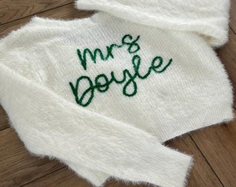 Bride just married wedding knit cardigan personalised hand embroidered photo prop jacket bridal cover up mrs surname personalised