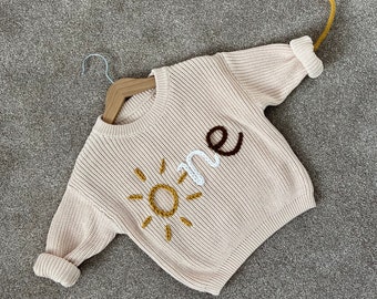 Baby name knit personalised embroidered girl boy unisex sweater jumper first birthday one year old