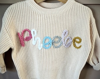 Baby name knit oversized kids sweater jumper personalised embroidered girl boy unisex newborn toddler babyshower toddler birth announcement