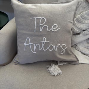 Embroidered Family Name Cushion: Personalized Home Decor Gift Linen blend