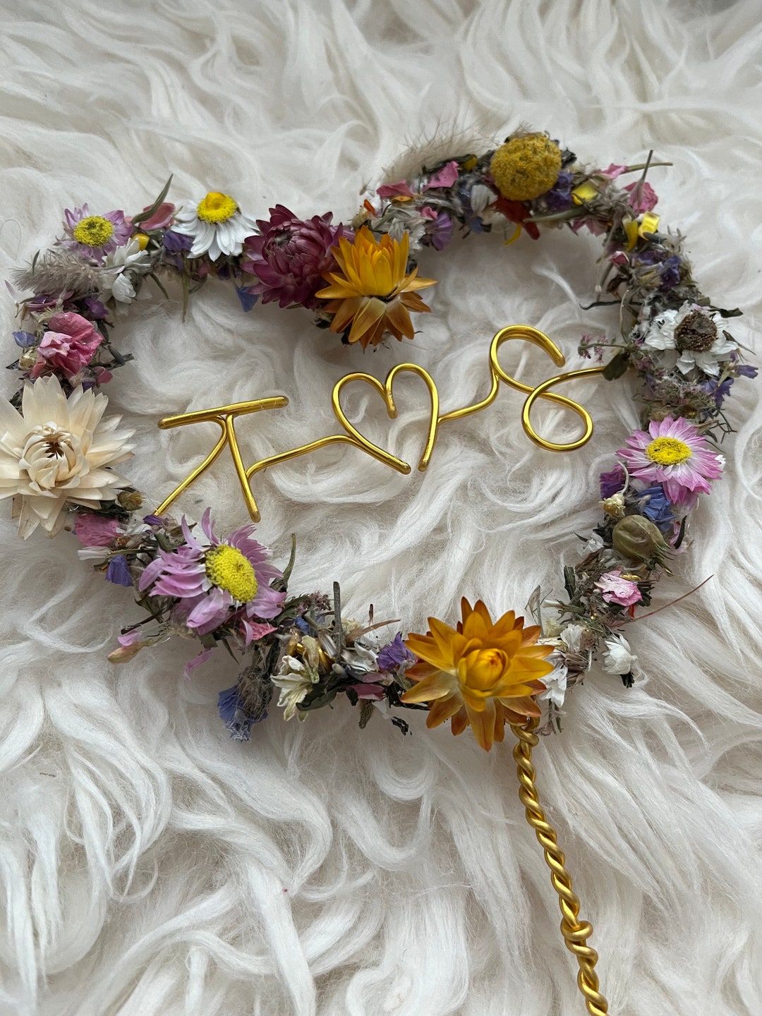 Boho Wedding Cake Heart Topper With Real Dried Wildflowers Wire