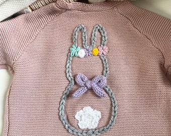 Baby Easter bunny rabbit knit cardigan flower bow embroidered girl cardigan newborn toddler babyshower pregnancy announcement