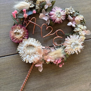Boho wedding cake heart topper with real dried wildflowers wire personalised initials