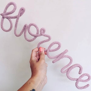 Knitted names and words wool wire words personalised wall decor signs flatlay prop