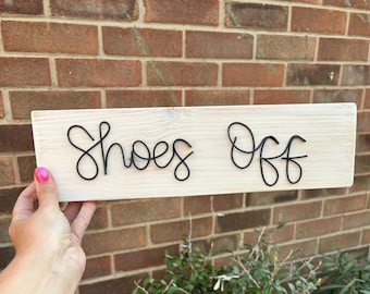 Shoes off sign rustic wooden wall decoration plaque wire words funny hallway