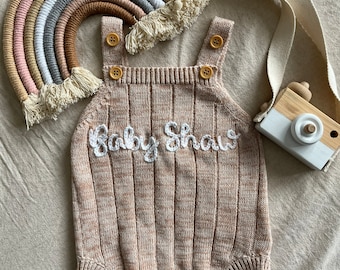 Baby name knit newborn romper bodysuit personalised embroidered girl boy unisex vest toddler babyshower toddler birth announcement neutral