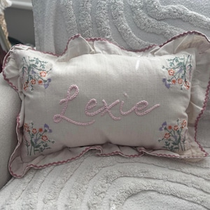 Personalised name hand embroided floral frill ruffle cushion girl nursery decor bedroom baby shower co children’s traditional heirloom gift