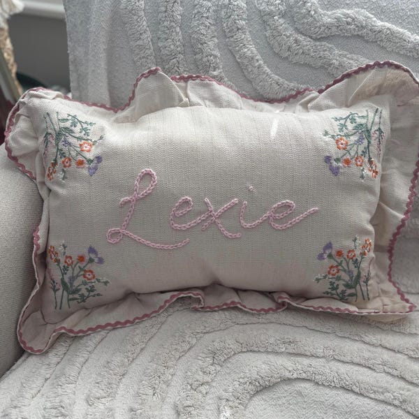 Personalised name hand embroided floral frill ruffle cushion girl nursery decor bedroom baby shower co children’s traditional heirloom gift
