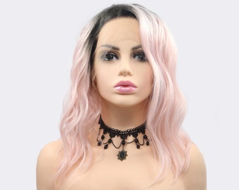 Short Curly Pink Ombre Synthetic Wig,Lace Front Wig