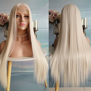 13*6 HD Platinum Blonde Lace Front Wig,24 inch Long Straight Synthetic Wigs Hair