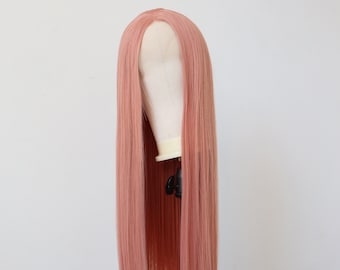 Peruca longa rosa com frente de renda, peruca sintética para cosplay.