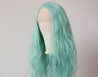 Light Green Long Wavy Lace Front Wig with Middle Part,Cosplay Wig for Halloween