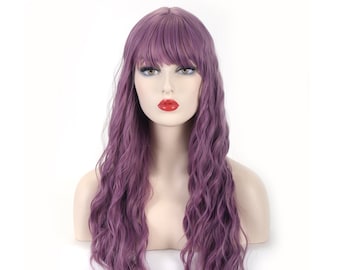 May include: A long, wavy purple wig with bangs. The wig is styled in loose, tousled waves and has a natural-looking parting.