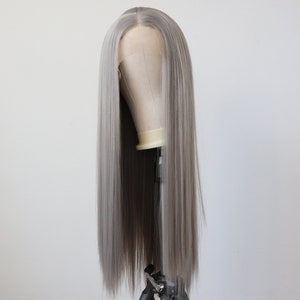 Long Grey Straight Lace Front Wig,Synthetic Wig,Natural Wig free part