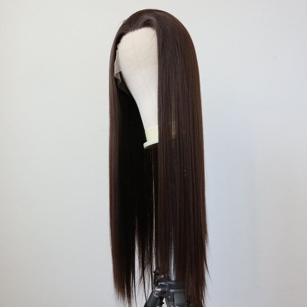 Long Dark Brown Straight Lace Front Wig,Natural Synthetic Wig Free Part