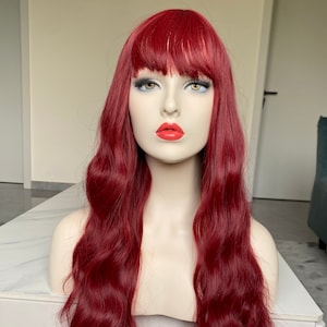 Dark Red Synthetic Wig Long Loose Wave Wig Hair with Bangs,Cosplay Wig,Burgundy Wig,Gift for her