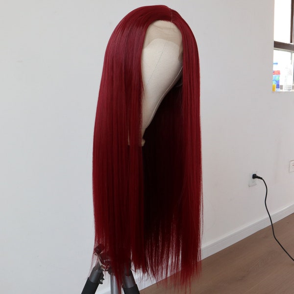 Long Straight Wine Red Lace Front Wig,Dark Auburn Lace Front Wig,Synthetic Wig