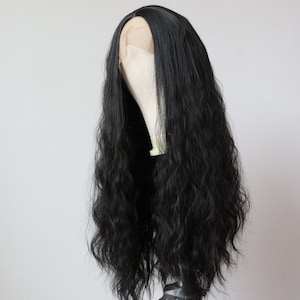 Long Black Curly Lace Front Wig with Middle Part