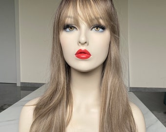 Mixed Brown Long Natural Wavy Synthetic Wigs Hair with Bangs for Women Daily-use,Faded Color Wig,Ombre Wig
