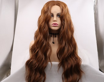 May include: Long, wavy, auburn brown wig with a lace front. The wig is styled in loose waves and falls to the shoulders.