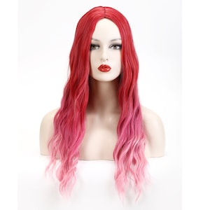 Long Wavy Red Faded Pink Ombre Wig Synthetic,Cosplay Wig