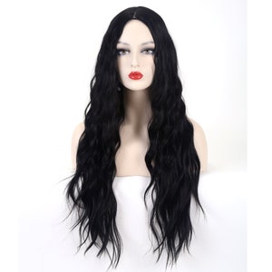 ナチュラルブラックロングウェーブウィッグ、ノンレース合成ウィッグミドルパートヘア、女性用ウィッグ、彼女へのギフト