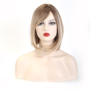 Korte bob pruik met pony | Korte pruik met blonde highlights