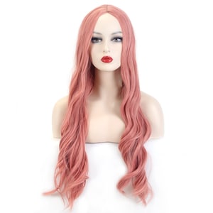 Long Pink Wavy Cosplay Wig with Middle Part for Women