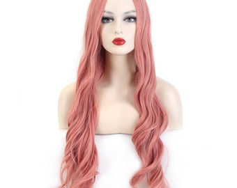Peruca longa rosa ondulada cosplay com parte do meio para mulheres