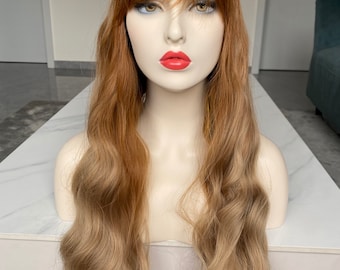 Strawberry Blonde Mixed Color Wig,Long Wavy Light Brown Wig with Bangs