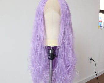 Peluca frontal de encaje morado violeta, peluca ondulada suelta lavanda para cosplay de Halloween