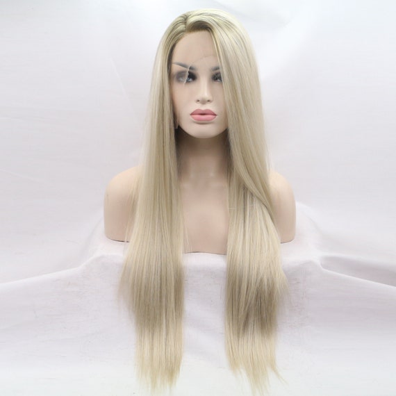 New Ombre Light Blonde Long Straight Wig Amazon.com : xiweiya Light Blonde Wig with Golden Roots Long  main image 3