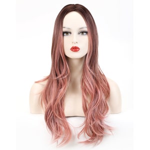 Wig Hair Synthetic Wig Long Wavy Pinky Brown Ombre Wig with Middle Part