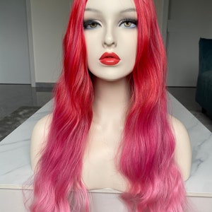 Long Wavy Red Faded Rose Pink Middle Part Wig for Halloween,Costume Wig
