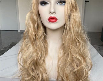 Lång Blond Lockig Peruk Med Spets Framtill