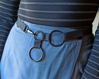 cinturón de tres anillas con cierre de broche negro/ 100% algodón/ largo ajustable/ unisex/ vegano