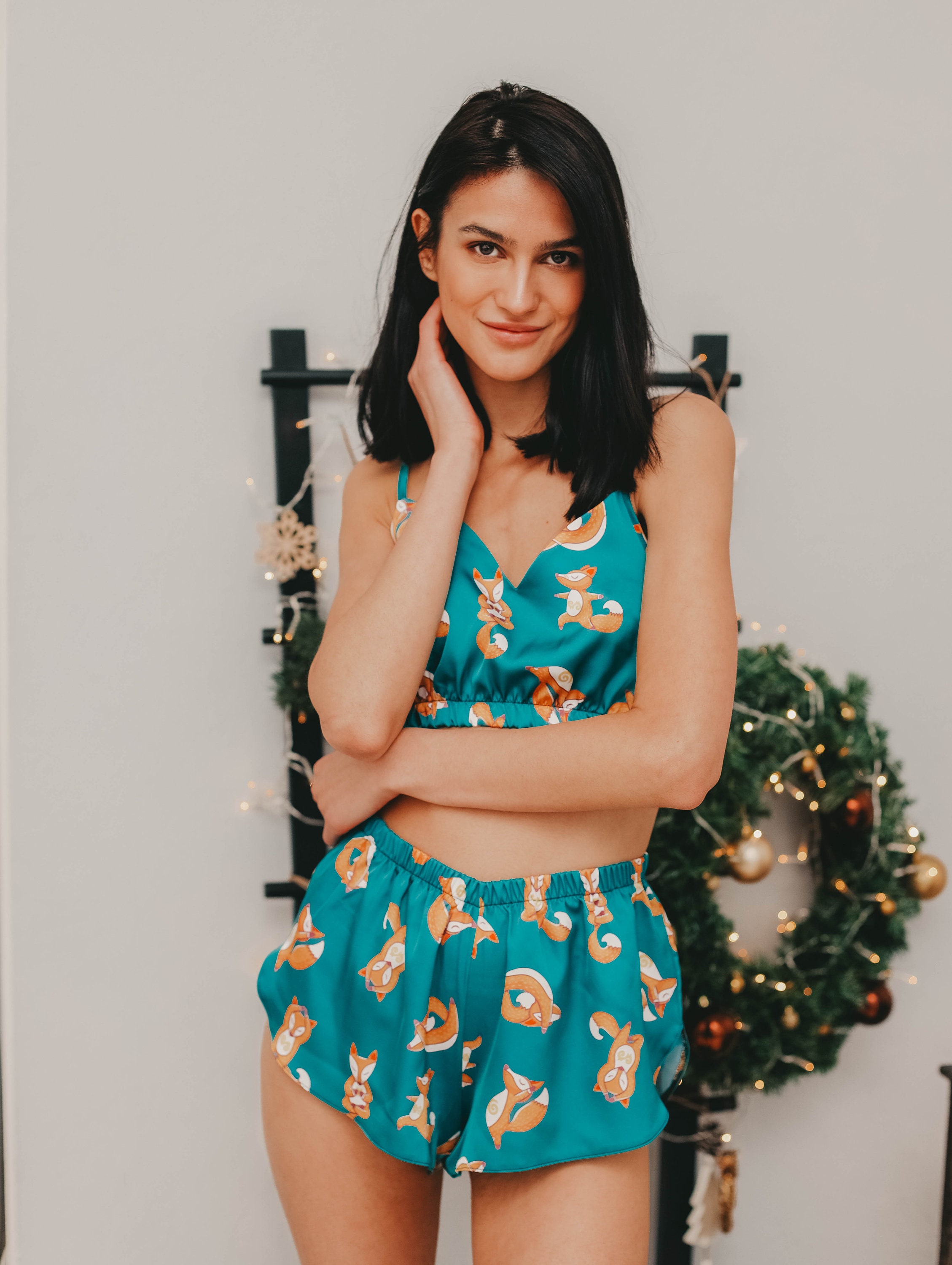 Green pajama set with crop top and silk shorts silk pajamas Etsy