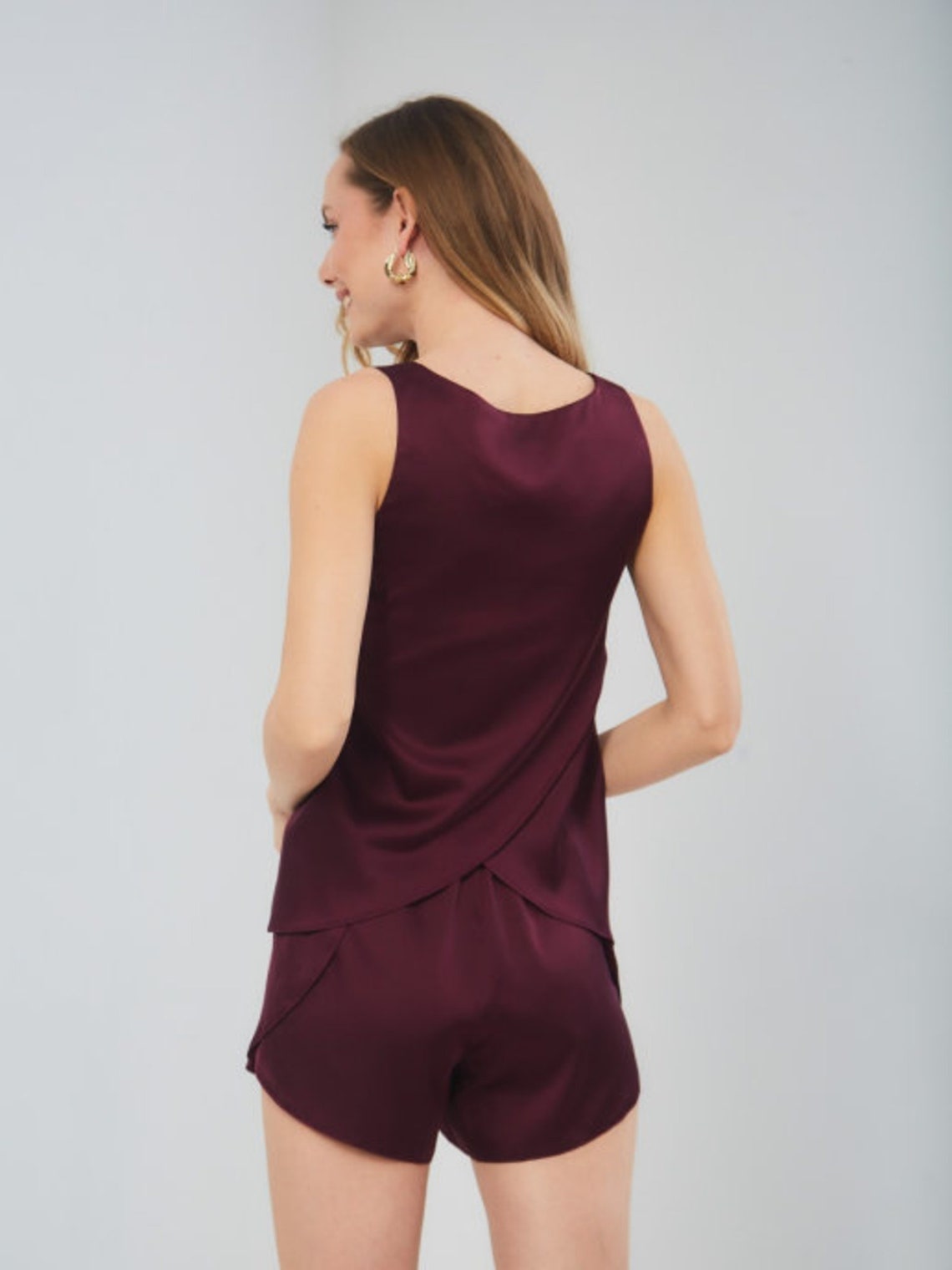 Burgundy Pajama set with booty shorts and crop top plain Etsy