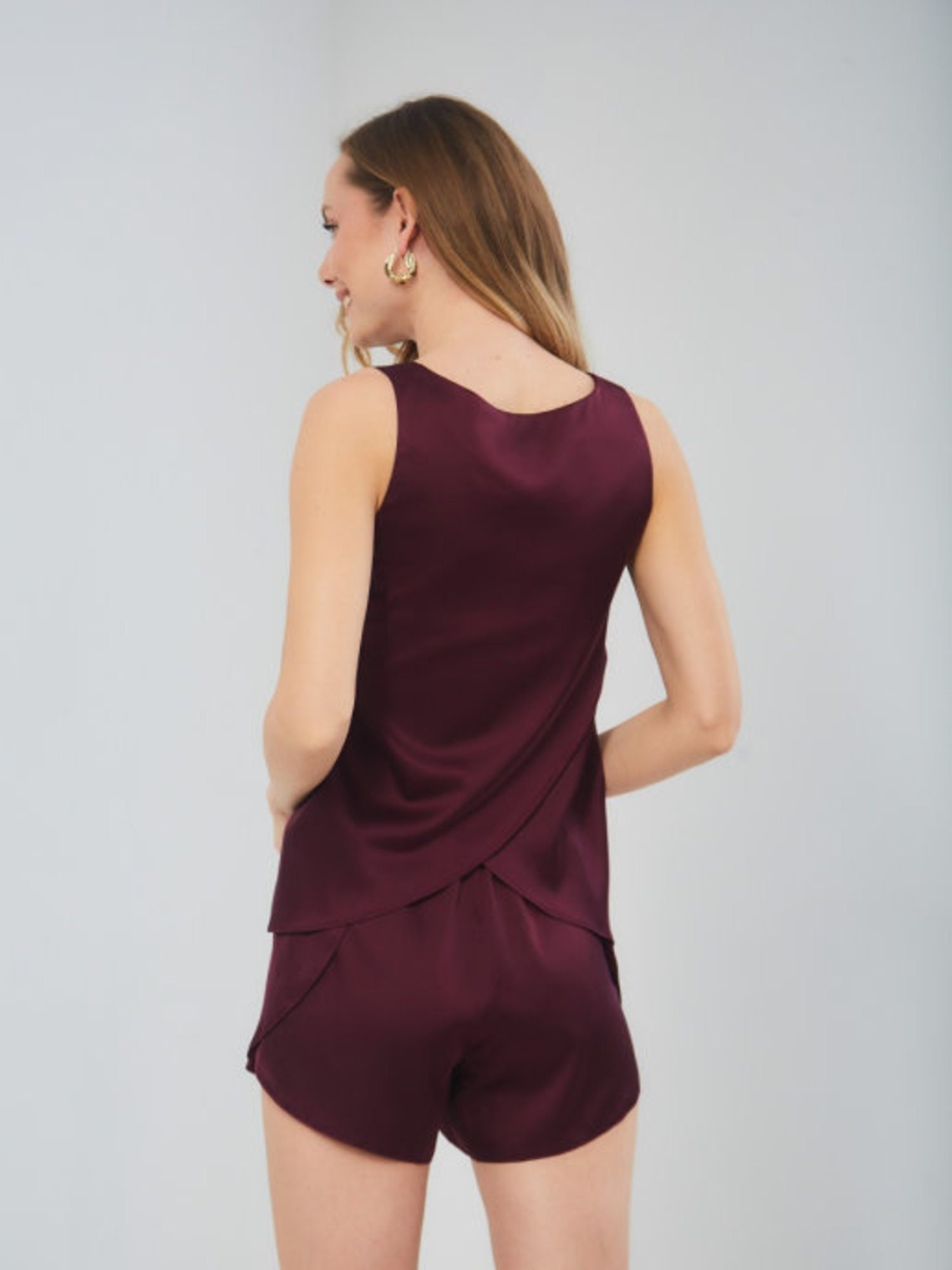 Burgundy Pajama set with booty shorts and crop top plain Etsy