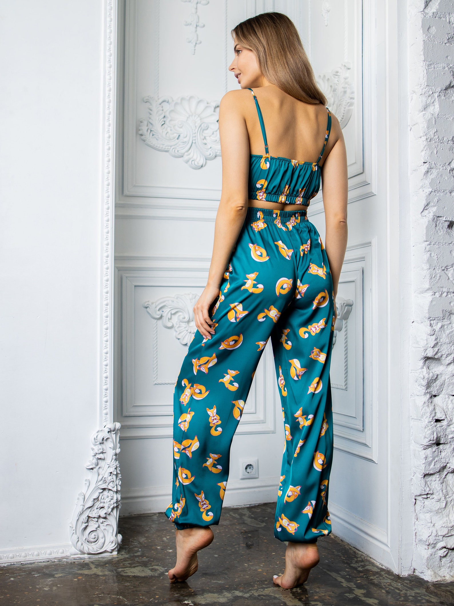 Green Pajama set with harem pants and top print silk pj fox Etsy