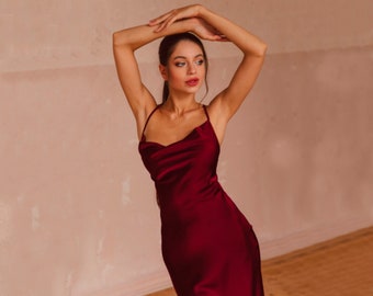 maroon silk dress above the knee