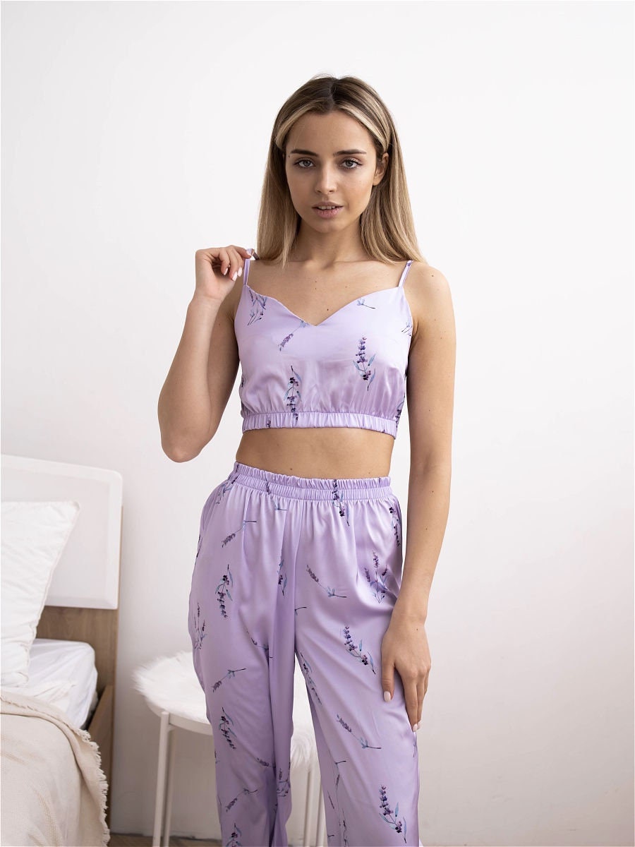 Lavender lingerie pajama sets with tank top and joggers silk Etsy