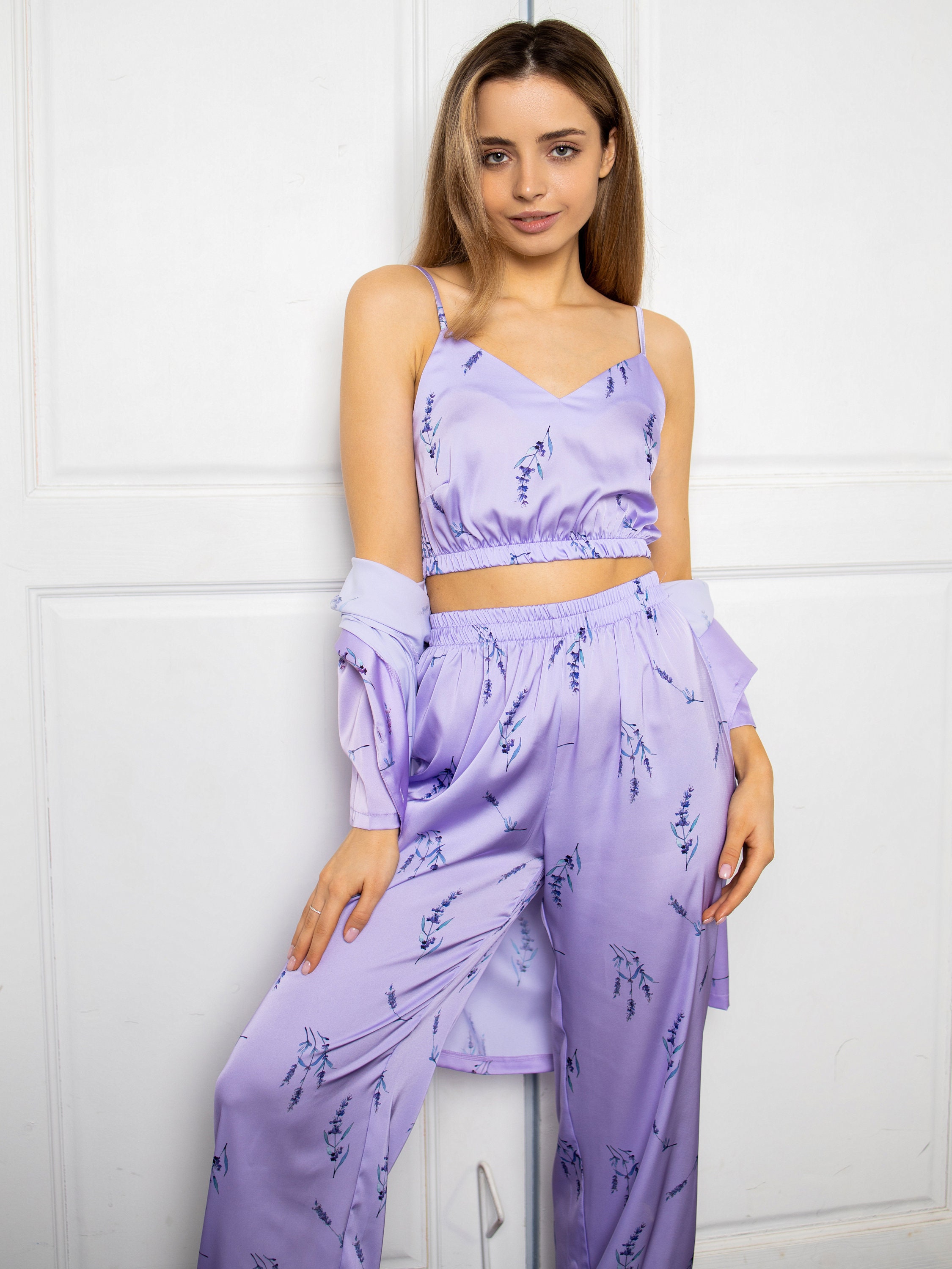 Lavender pajama set with wide leg highwaisted harem pants and | Etsy
