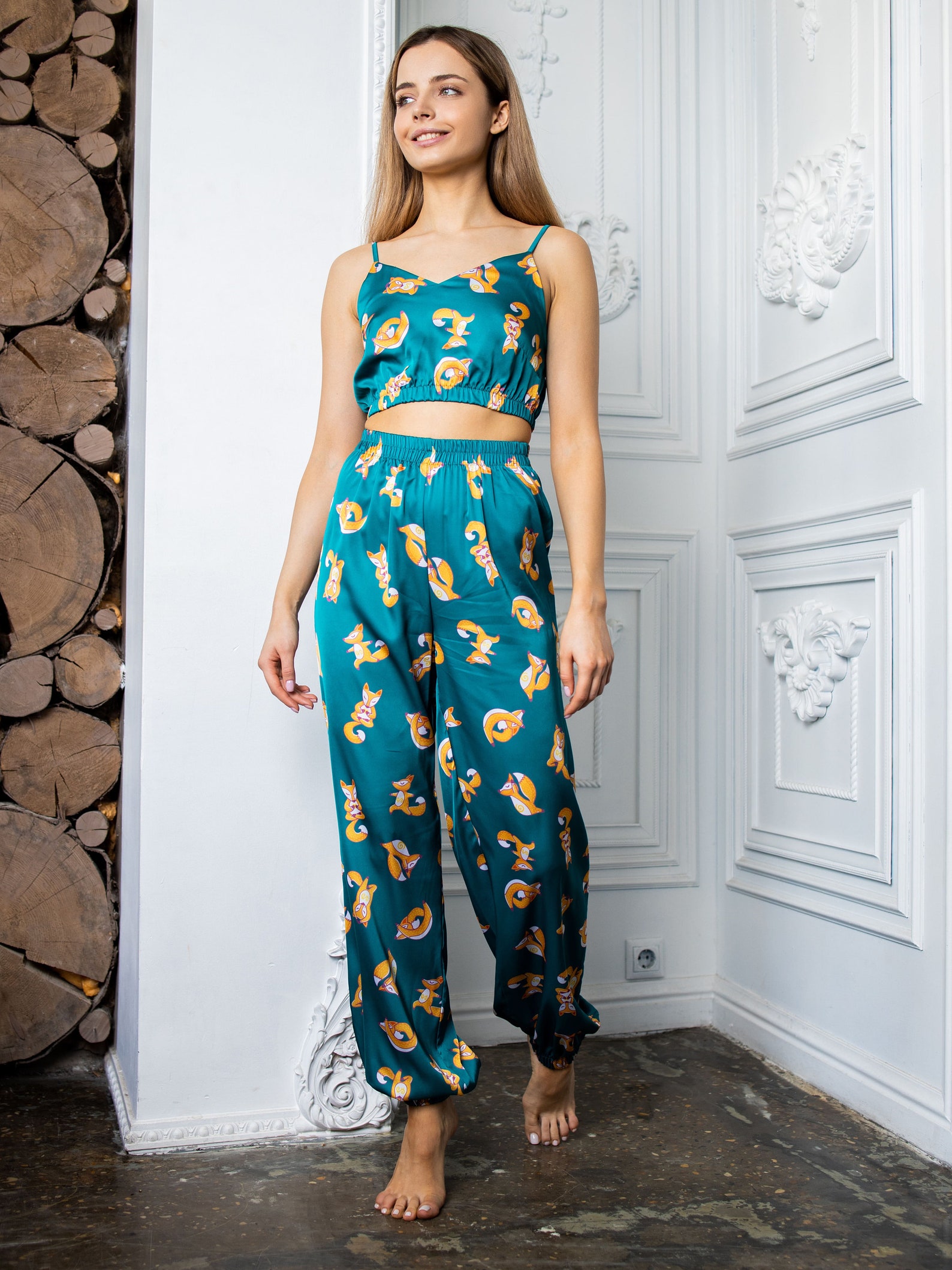 Green Pajama set with harem pants and top print silk pj fox Etsy