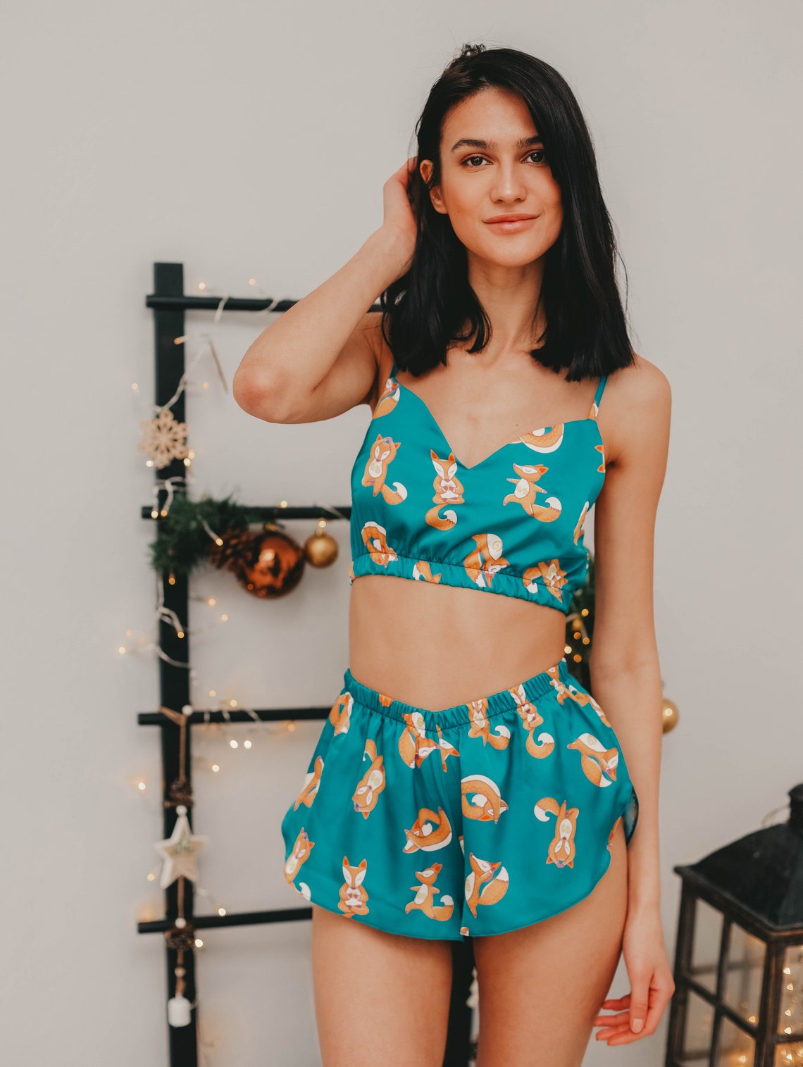 Green pajama set with crop top and silk shorts silk pajamas Etsy