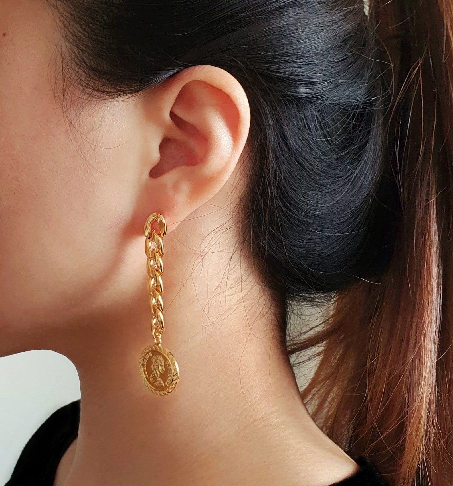 Ohrringe Mit Kette Zum Oberen Ohr 14K vergoldet Chunky Chain Ohrringe Kette Ohrringe Münze | Etsy