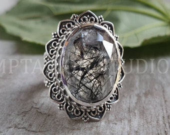 Natural Black Rutile Ring, Sterling Silver, Large statement ring, Handmade Jewelry, Chunky faceted rutilated quartz