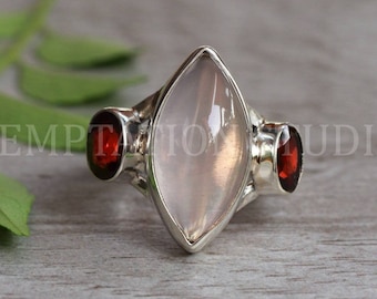 Anillo de plata de ley con granate y cuarzo rosa: joya con estilo en cabujón marquesa