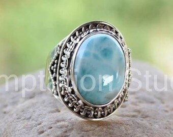 Natural Larimar Ring, Boho Sterling Silver rings, Blue stone jewelry, Handmade, Birthstone ring, Rings for women, Christmas gift, Rings