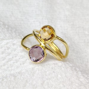 14k gouden vermeil ring, natuurlijke citrien ring, citrien en amethist vergulde ring, cadeau voor haar, 925 sterlingzilver, natuurlijke amethist ring